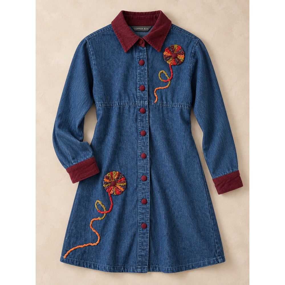 Copper Key Girls Blue Denim Floral Embroidered Dress Corduroy Trim Size 8